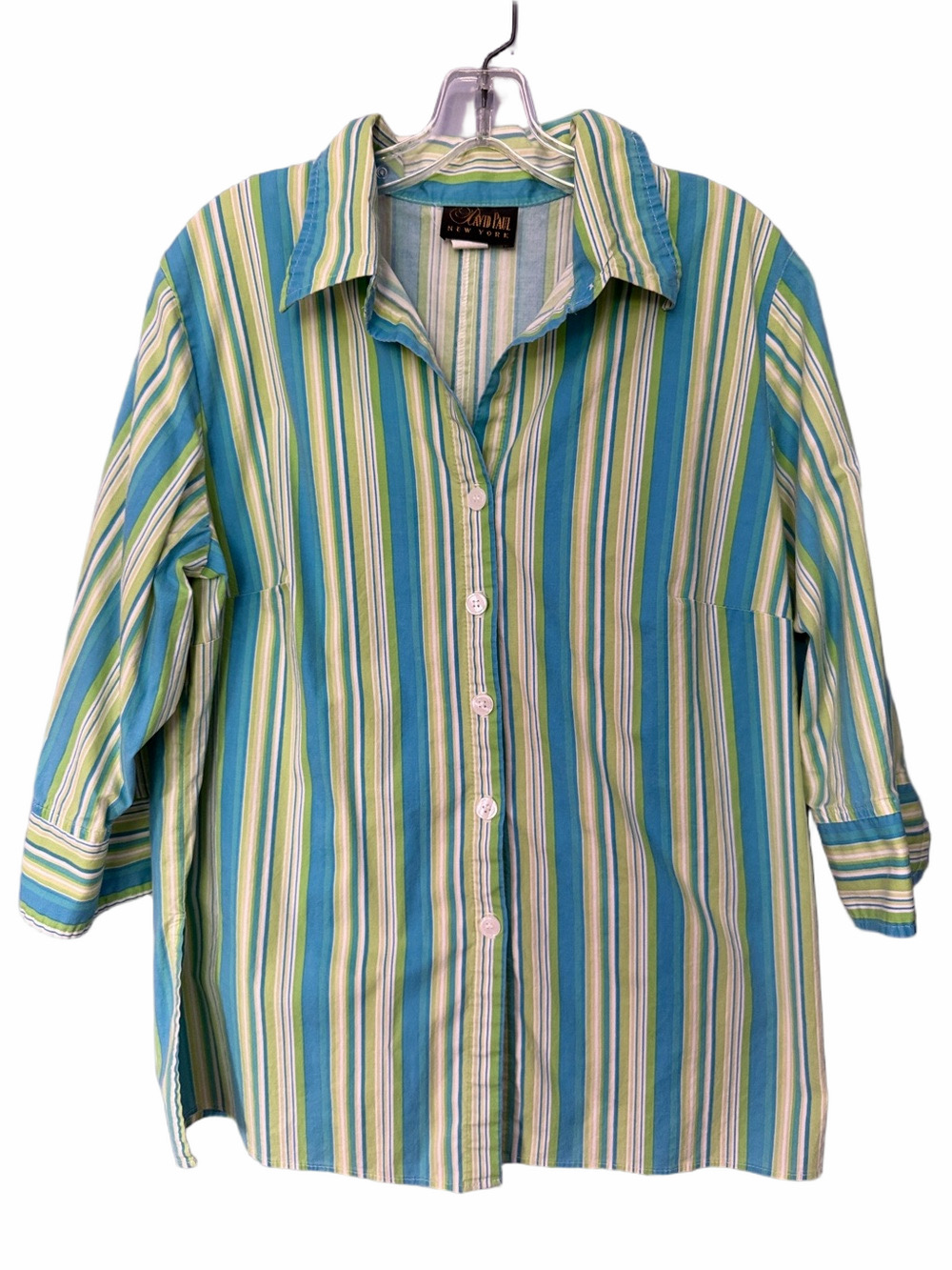 Vintage David Paul New York Blue Green Striped Button Up Shirt 1X Lightweight